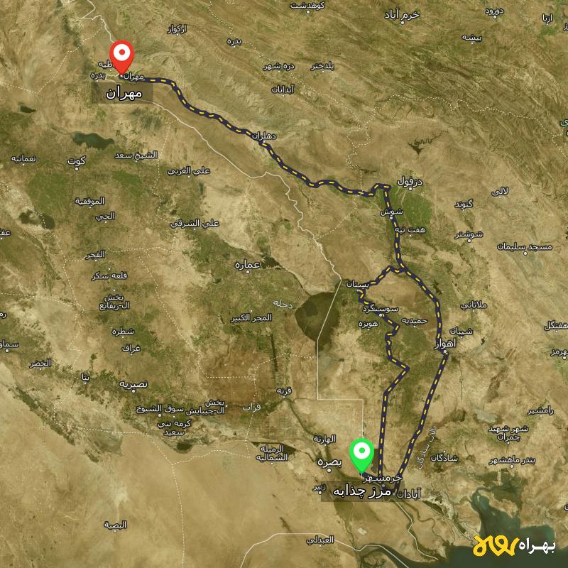 مسافت و فاصله مهران - ایلام تا مرز چذابه - استان خوزستان از ۲ مسیر - مرداد ۱۴۰۳