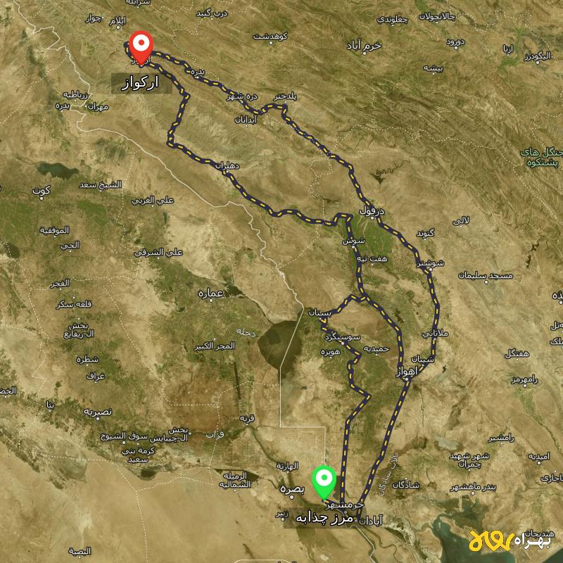 مسافت و فاصله ارکواز - ایلام تا مرز چذابه - استان خوزستان از ۳ مسیر - اردیبهشت ۱۴۰۳