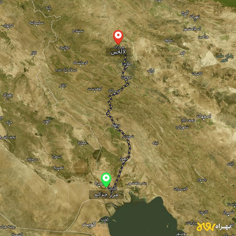 مسافت و فاصله لالجین - همدان تا مرز چذابه - استان خوزستان - اردیبهشت ۱۴۰۳