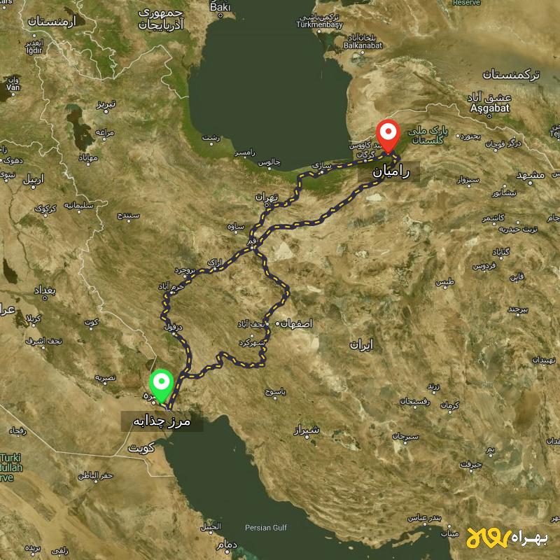 مسافت و فاصله رامیان - گلستان تا مرز چذابه - استان خوزستان از ۳ مسیر - اردیبهشت ۱۴۰۳
