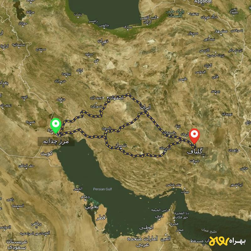 مسافت و فاصله گلباف - کرمان تا مرز چذابه - استان خوزستان از ۳ مسیر - اردیبهشت ۱۴۰۳