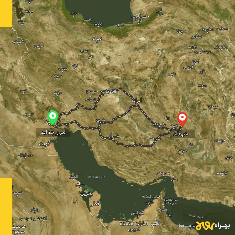 مسافت و فاصله شهداد - کرمان تا مرز چذابه - استان خوزستان از ۳ مسیر - اردیبهشت ۱۴۰۳