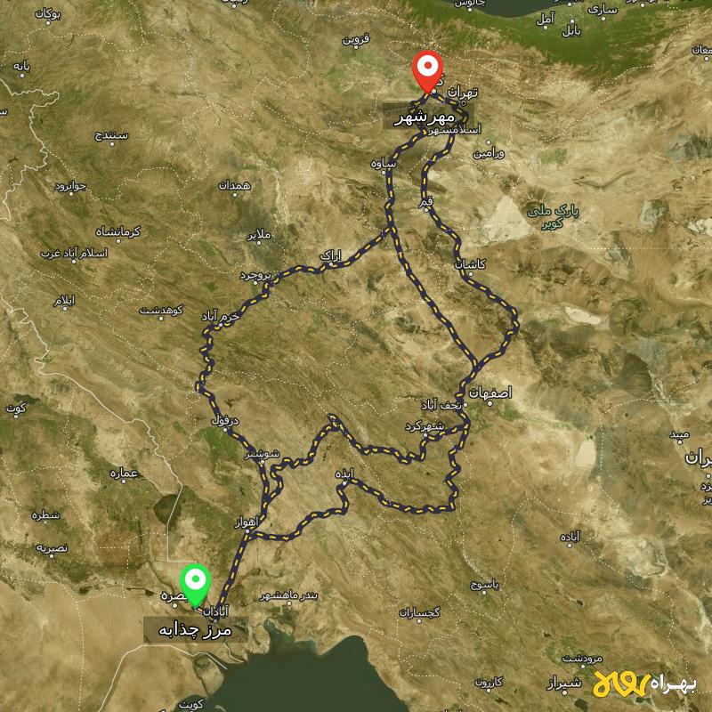 مسافت و فاصله مهرشهر - کرج تا مرز چذابه - استان خوزستان از ۳ مسیر - اردیبهشت ۱۴۰۳