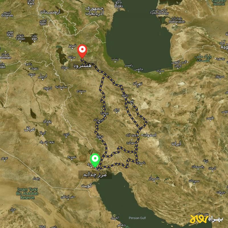 مسافت و فاصله هشترود - آذربایجان شرقی تا مرز چذابه - استان خوزستان از ۳ مسیر - اردیبهشت ۱۴۰۳