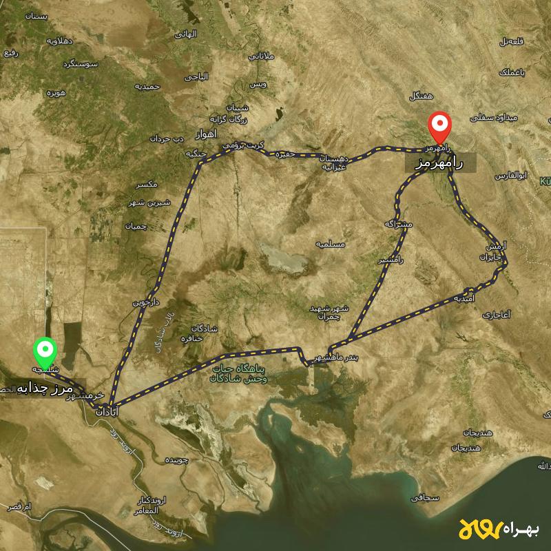 مسافت و فاصله رامهرمز - خوزستان تا مرز چذابه - استان خوزستان از ۳ مسیر - اردیبهشت ۱۴۰۳