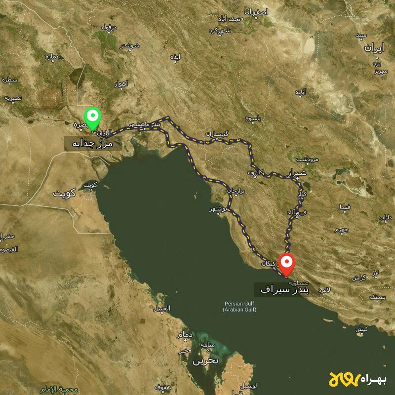 مسافت و فاصله بندر سیراف - بوشهر تا مرز چذابه - استان خوزستان از ۲ مسیر - اردیبهشت ۱۴۰۳