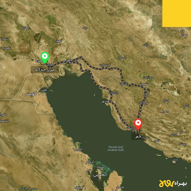مسافت و فاصله جم - بوشهر تا مرز چذابه - استان خوزستان از ۲ مسیر - اردیبهشت ۱۴۰۳