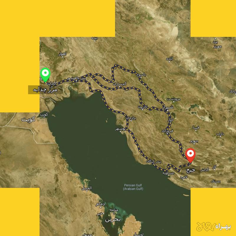 مسافت و فاصله خنج - فارس تا مرز چذابه - استان خوزستان از ۳ مسیر - اردیبهشت ۱۴۰۳