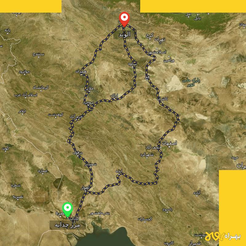 مسافت و فاصله الوند - قزوین تا مرز چذابه - استان خوزستان از ۳ مسیر - آبان ۱۴۰۳