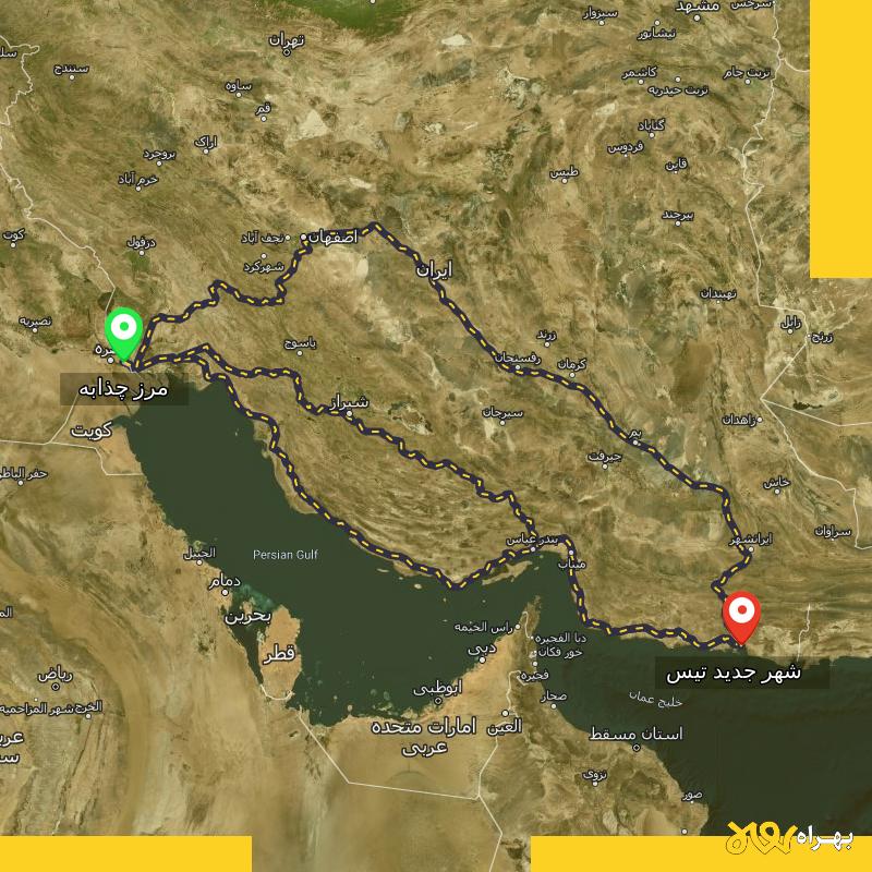 مسافت و فاصله شهر جدید تیس - سیستان و بلوچستان تا مرز چذابه - استان خوزستان از ۳ مسیر - آذر ۱۴۰۳