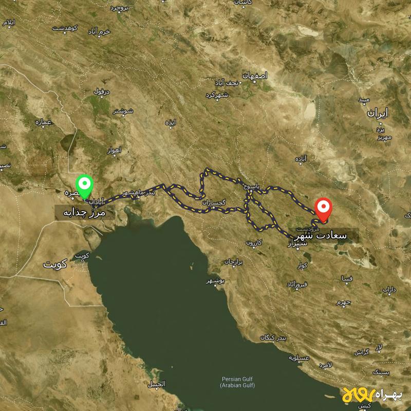 مسافت و فاصله سعادت شهر - فارس تا مرز چذابه - استان خوزستان از ۳ مسیر - اردیبهشت ۱۴۰۳
