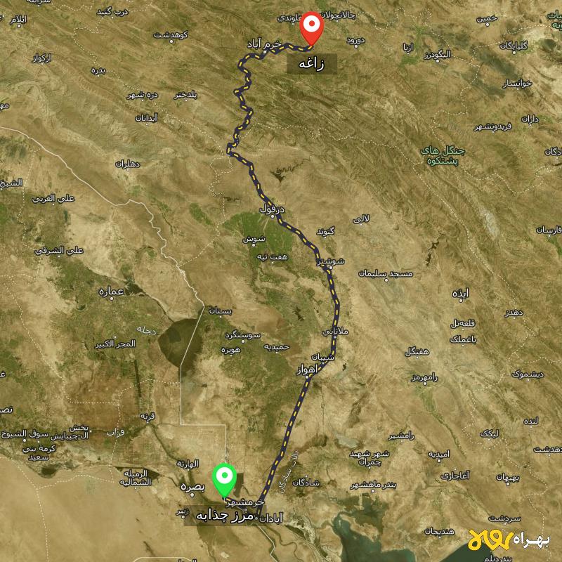 مسافت و فاصله زاغه - لرستان تا مرز چذابه - استان خوزستان - شهریور ۱۴۰۳