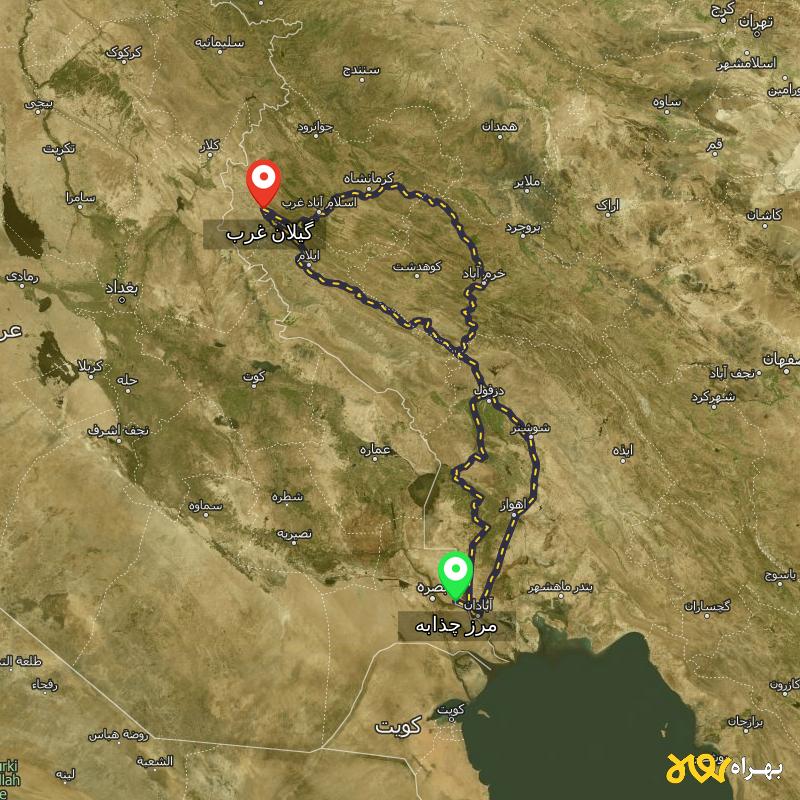 مسافت و فاصله گیلان غرب - کرمانشاه تا مرز چذابه - استان خوزستان از ۳ مسیر - اردیبهشت ۱۴۰۳