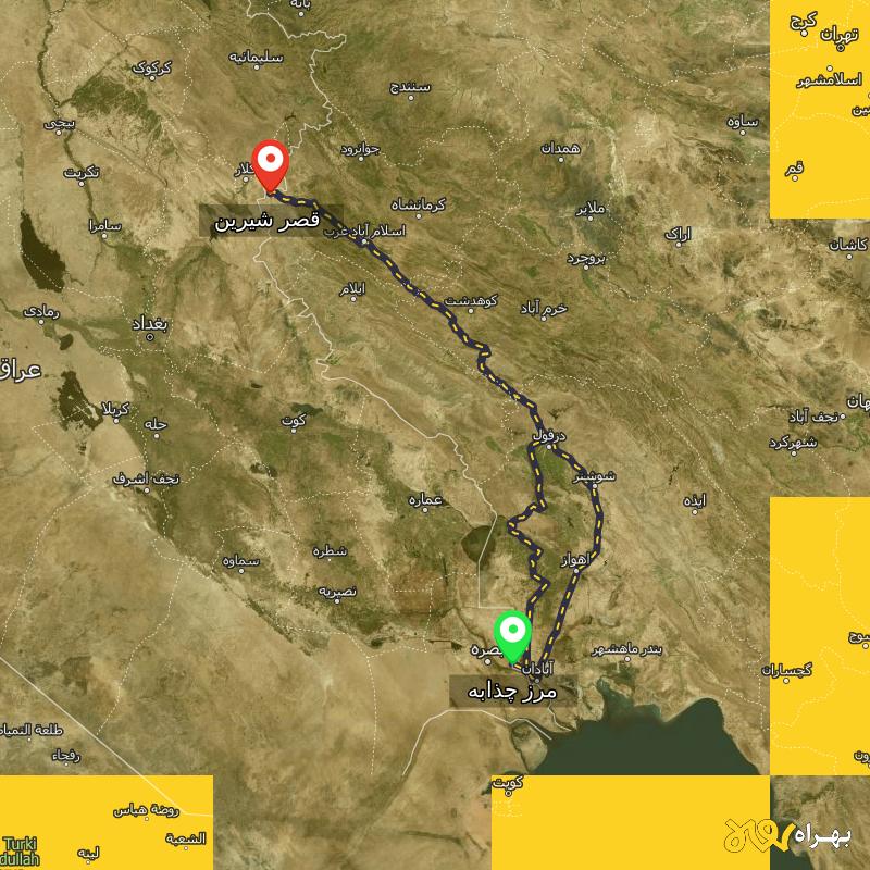 مسافت و فاصله قصر شیرین - کرمانشاه تا مرز چذابه - استان خوزستان از ۲ مسیر - بهمن ۱۴۰۳