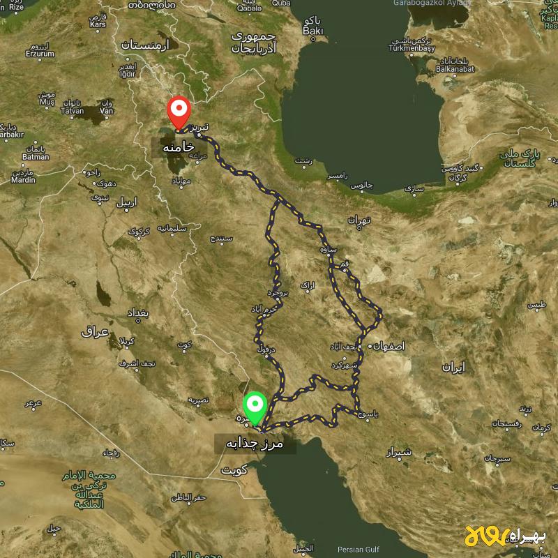 مسافت و فاصله خامنه - آذربایجان شرقی تا مرز چذابه - استان خوزستان از ۳ مسیر - آذر ۱۴۰۳