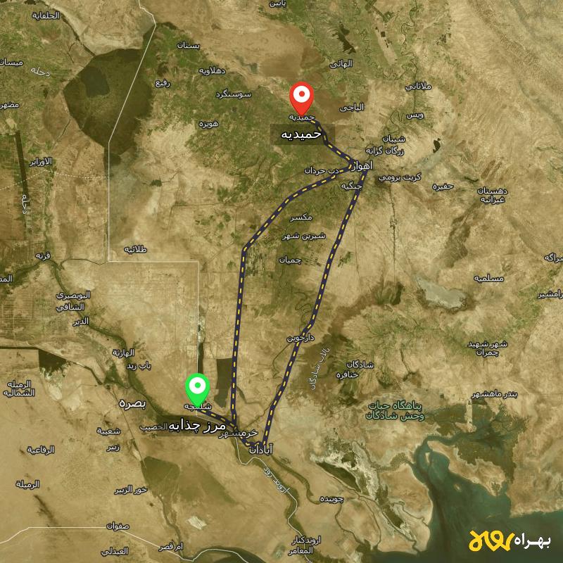 مسافت و فاصله حمیدیه - خوزستان تا مرز چذابه - استان خوزستان از ۲ مسیر - اردیبهشت ۱۴۰۳