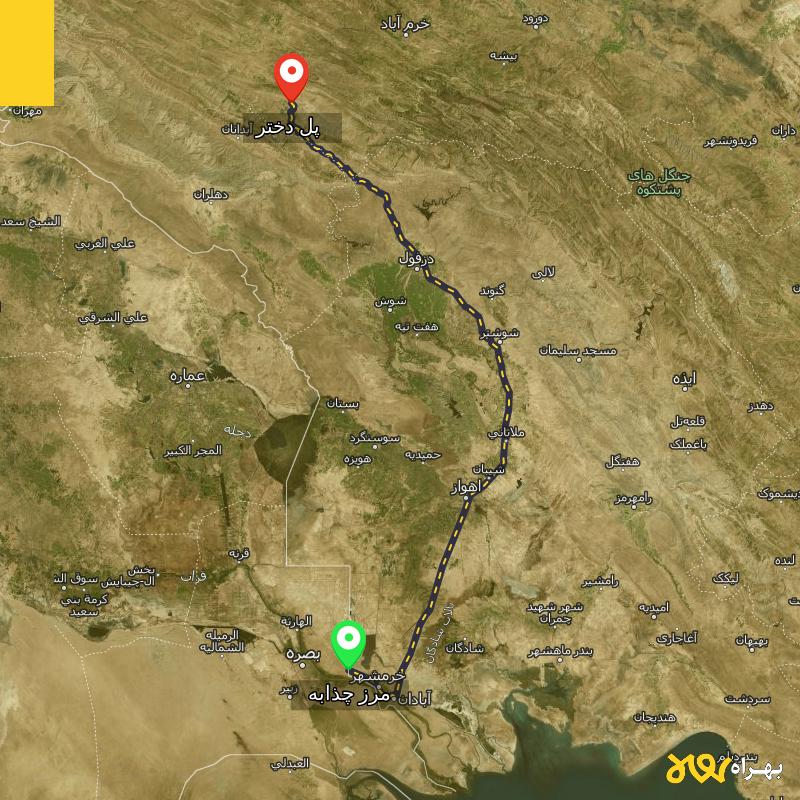 مسافت و فاصله پل دختر - لرستان تا مرز چذابه - استان خوزستان - مرداد ۱۴۰۳