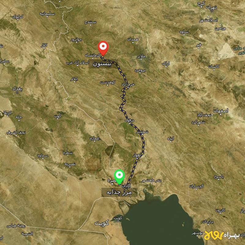 مسافت و فاصله بیستون - کرمانشاه تا مرز چذابه - استان خوزستان - اردیبهشت ۱۴۰۳