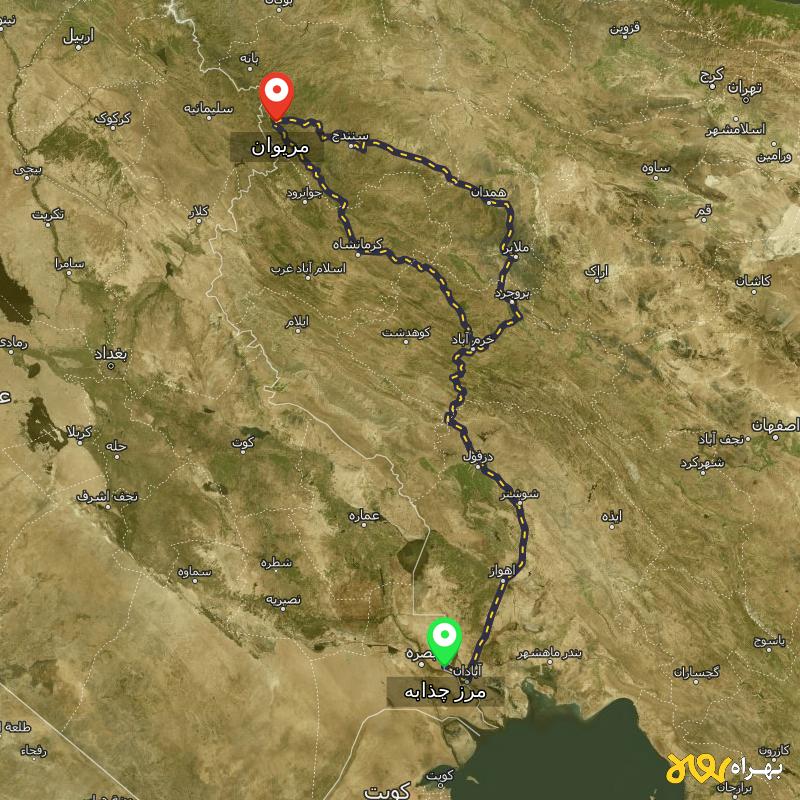مسافت و فاصله مریوان - کردستان تا مرز چذابه - استان خوزستان از ۲ مسیر - اردیبهشت ۱۴۰۳