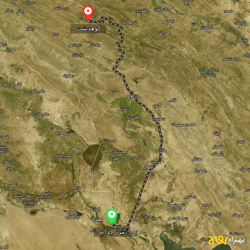 مسافت و فاصله کوهدشت - لرستان تا مرز چذابه - استان خوزستان - اردیبهشت ۱۴۰۳