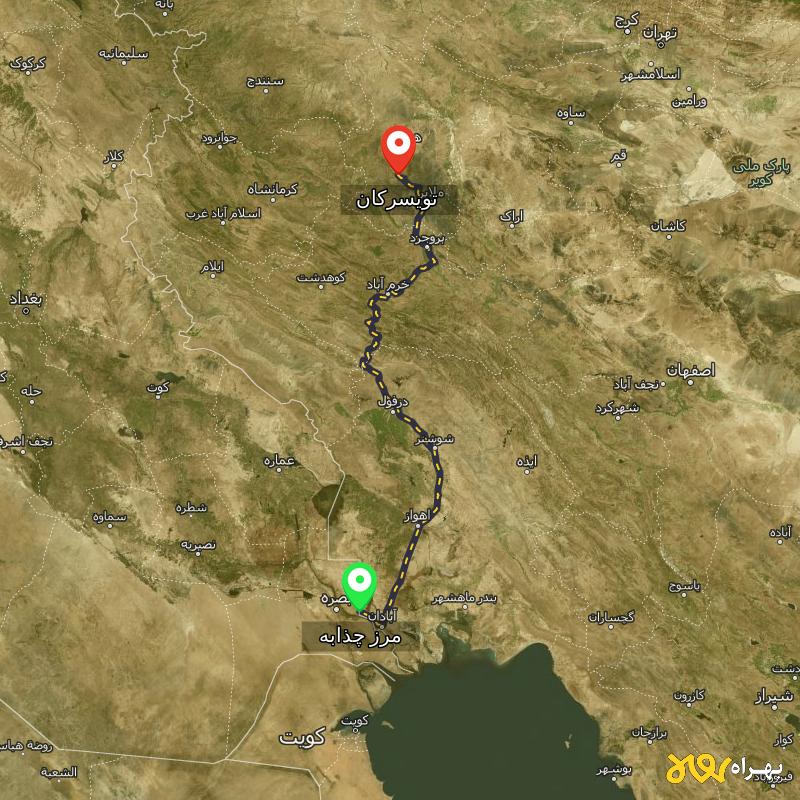 مسافت و فاصله تویسرکان - همدان تا مرز چذابه - استان خوزستان - اردیبهشت ۱۴۰۳