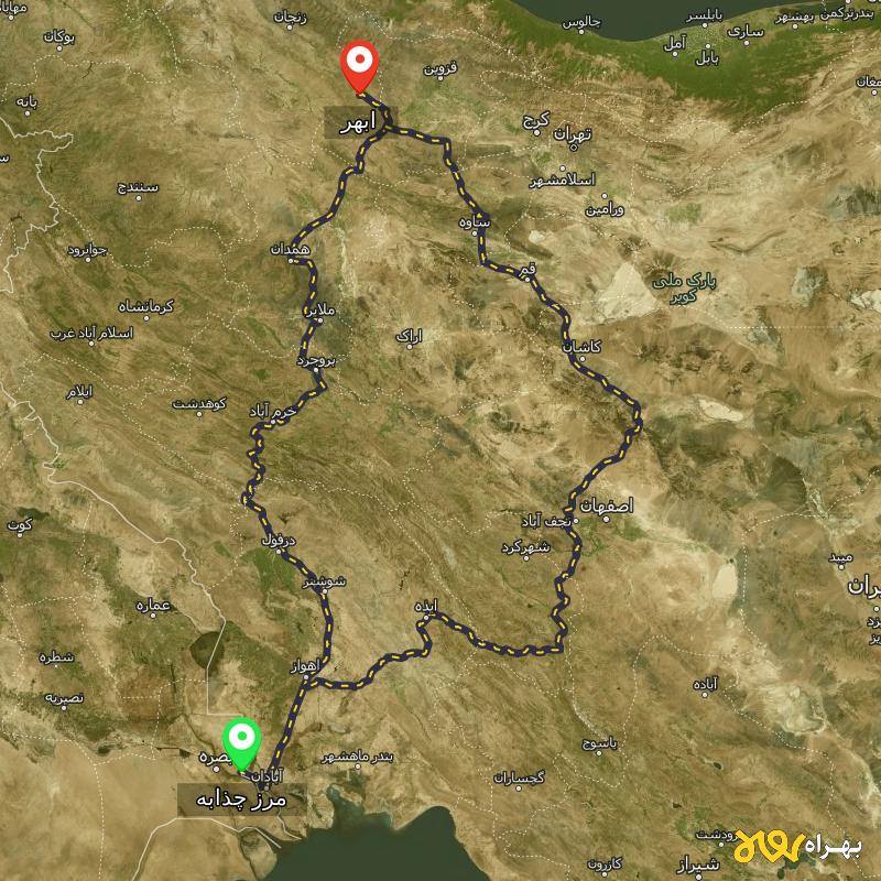 مسافت و فاصله ابهر - زنجان تا مرز چذابه - استان خوزستان از ۲ مسیر - اردیبهشت ۱۴۰۳