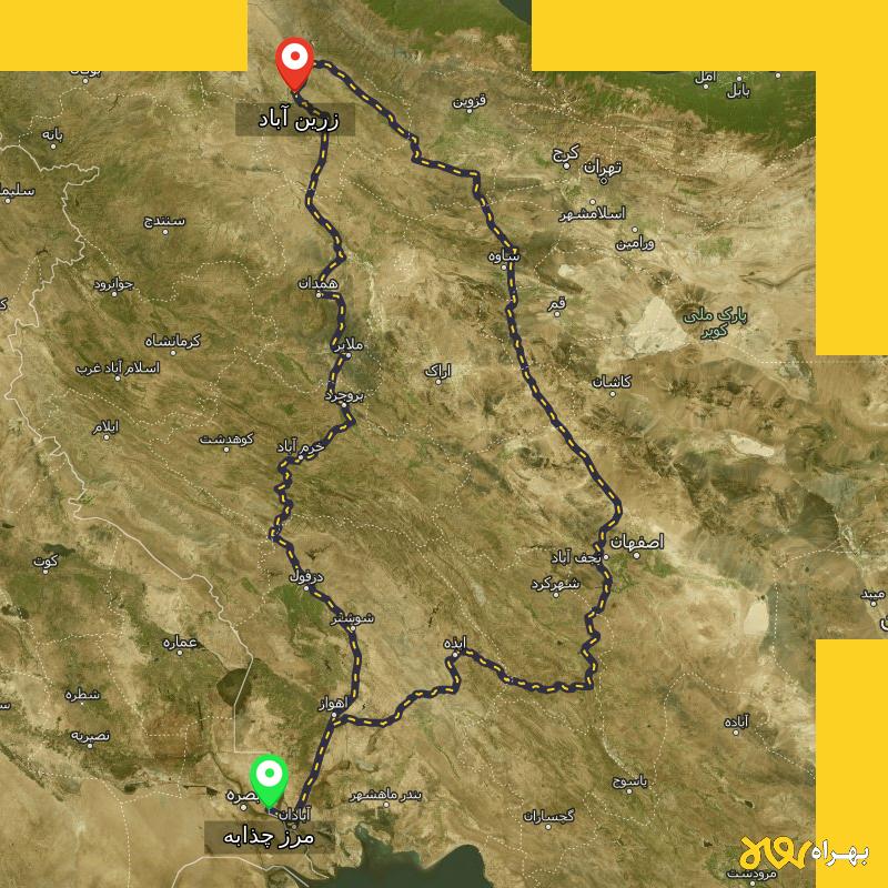 مسافت و فاصله زرین آباد - زنجان تا مرز چذابه - استان خوزستان از ۲ مسیر - مهر ۱۴۰۳