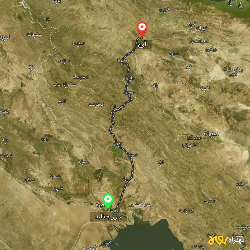 مسافت و فاصله آوج - قزوین تا مرز چذابه - استان خوزستان - آذر ۱۴۰۳