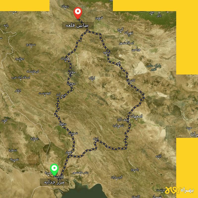 مسافت و فاصله صایین قلعه - زنجان تا مرز چذابه - استان خوزستان از ۲ مسیر - اردیبهشت ۱۴۰۳