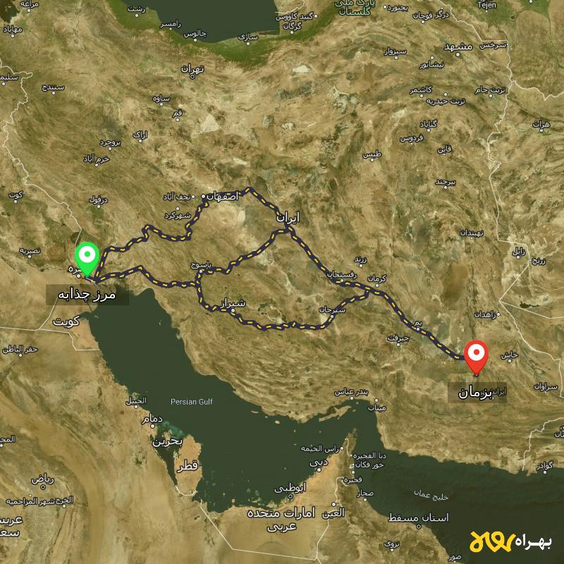 مسافت و فاصله بزمان - سیستان و بلوچستان تا مرز چذابه - استان خوزستان از ۳ مسیر - مرداد ۱۴۰۳