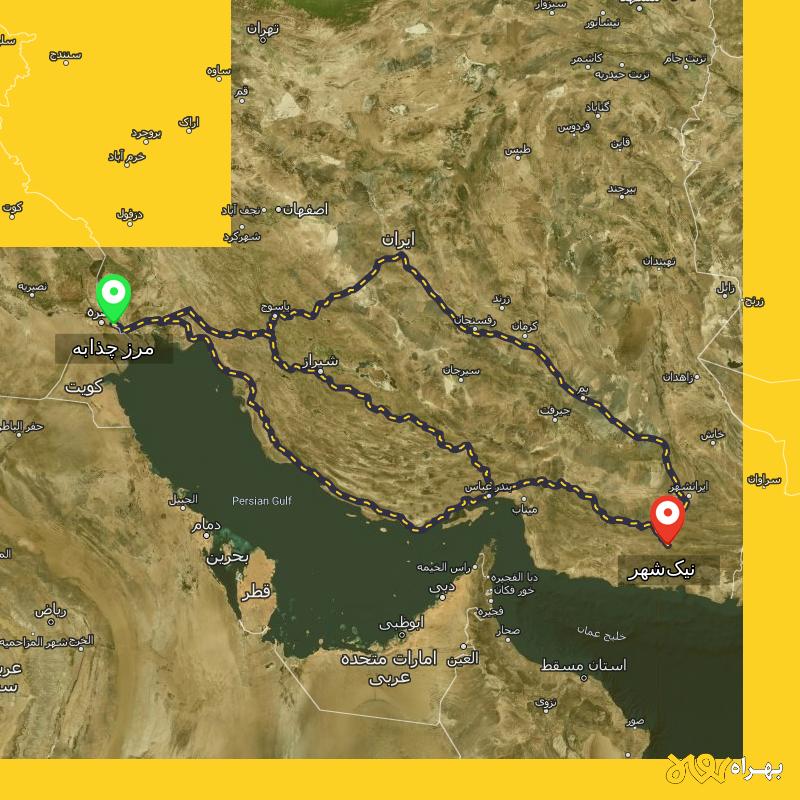 مسافت و فاصله نیک‌شهر - سیستان و بلوچستان تا مرز چذابه - استان خوزستان از ۳ مسیر - مرداد ۱۴۰۳