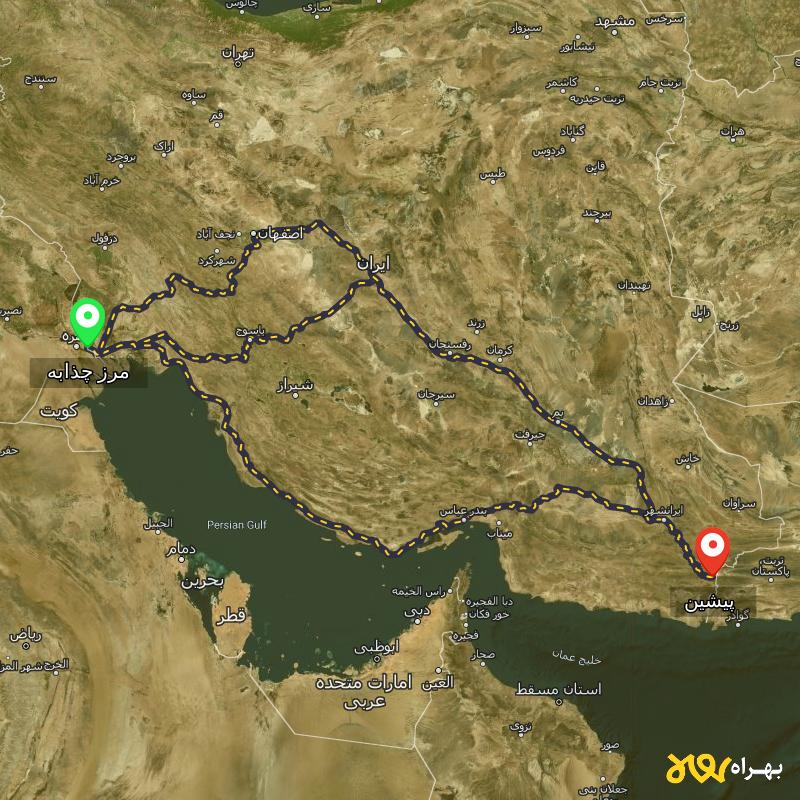 مسافت و فاصله پیشین - سیستان و بلوچستان تا مرز چذابه - استان خوزستان از ۳ مسیر - اردیبهشت ۱۴۰۳