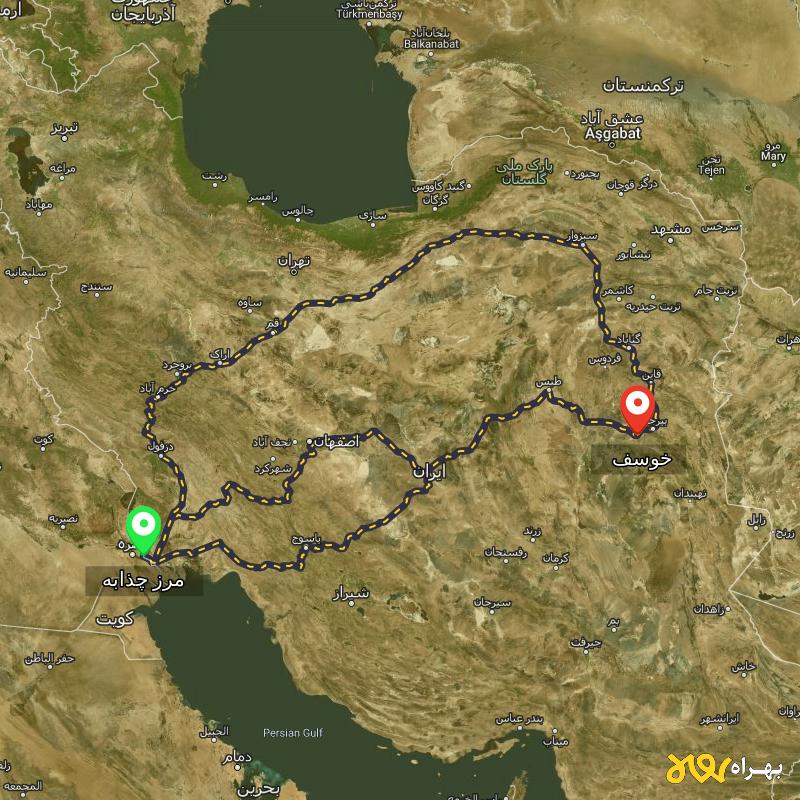 مسافت و فاصله خوسف - خراسان جنوبی تا مرز چذابه - استان خوزستان از ۳ مسیر - شهریور ۱۴۰۳