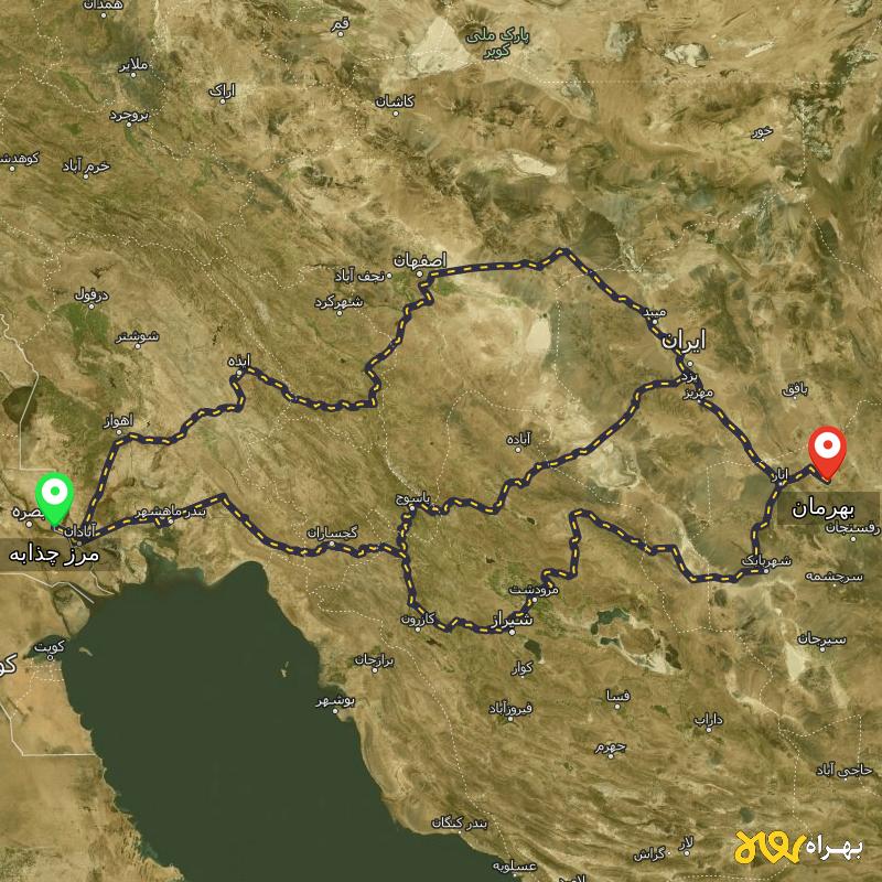 مسافت و فاصله بهرمان - کرمان تا مرز چذابه - استان خوزستان از ۳ مسیر - اردیبهشت ۱۴۰۳