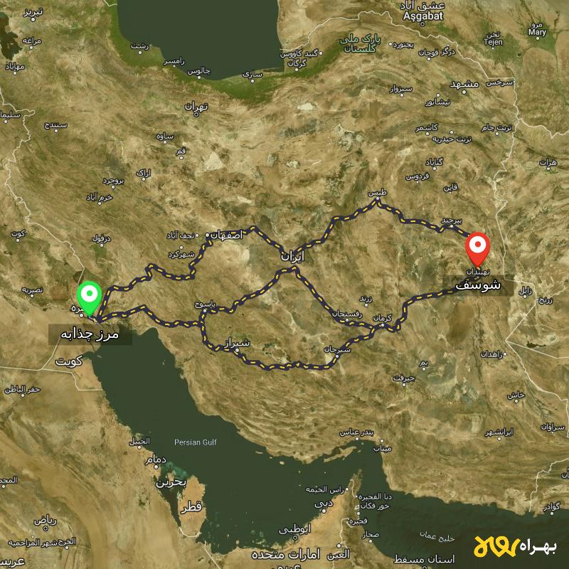 مسافت و فاصله شوسف - خراسان جنوبی تا مرز چذابه - استان خوزستان از ۳ مسیر - اردیبهشت ۱۴۰۳