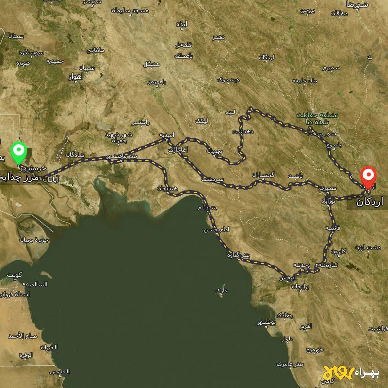 مسافت و فاصله اردکان - فارس تا مرز چذابه - استان خوزستان از ۳ مسیر - اردیبهشت ۱۴۰۳