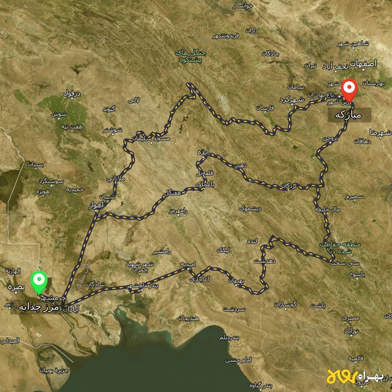 مسافت و فاصله مبارکه - اصفهان تا مرز چذابه - استان خوزستان از ۳ مسیر - اردیبهشت ۱۴۰۳