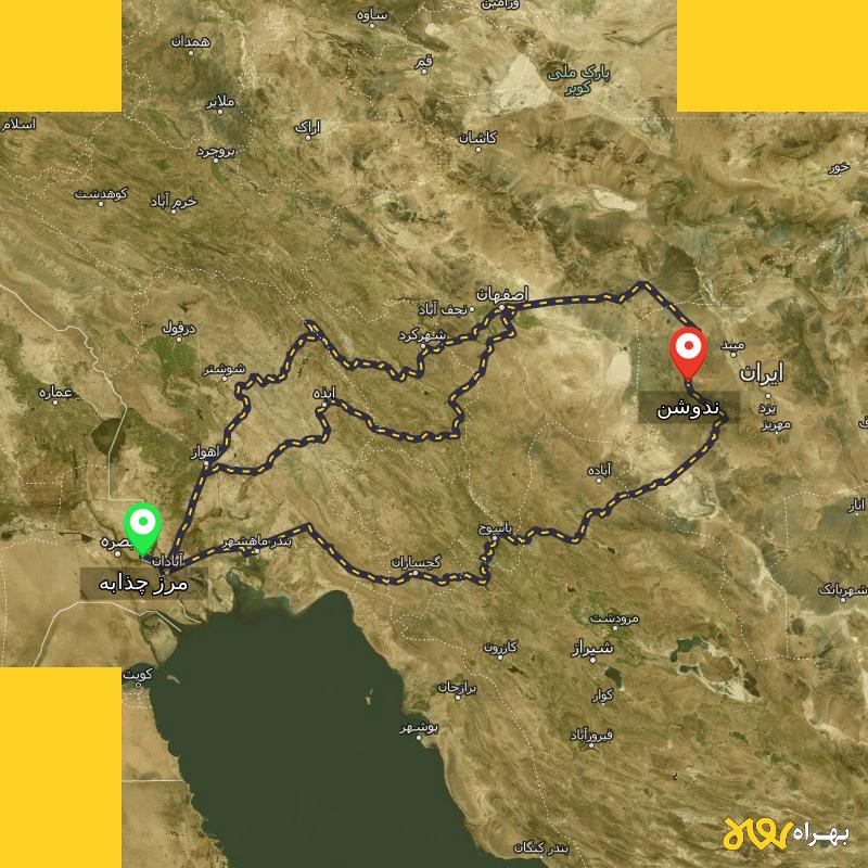 مسافت و فاصله ندوشن - یزد تا مرز چذابه - استان خوزستان از ۳ مسیر - اردیبهشت ۱۴۰۳
