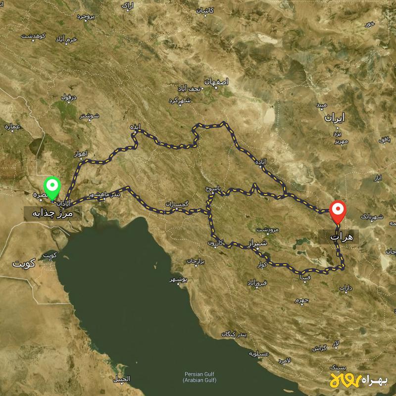 مسافت و فاصله هرات - یزد تا مرز چذابه - استان خوزستان از ۳ مسیر - اردیبهشت ۱۴۰۳