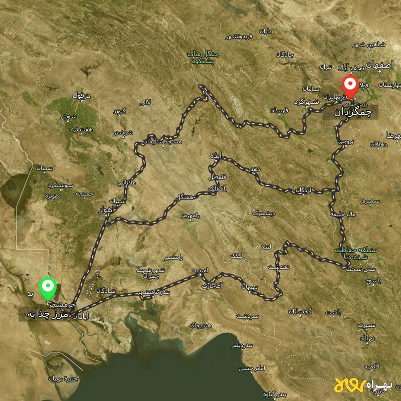 مسافت و فاصله چمگردان - اصفهان تا مرز چذابه - استان خوزستان از ۳ مسیر - اردیبهشت ۱۴۰۳