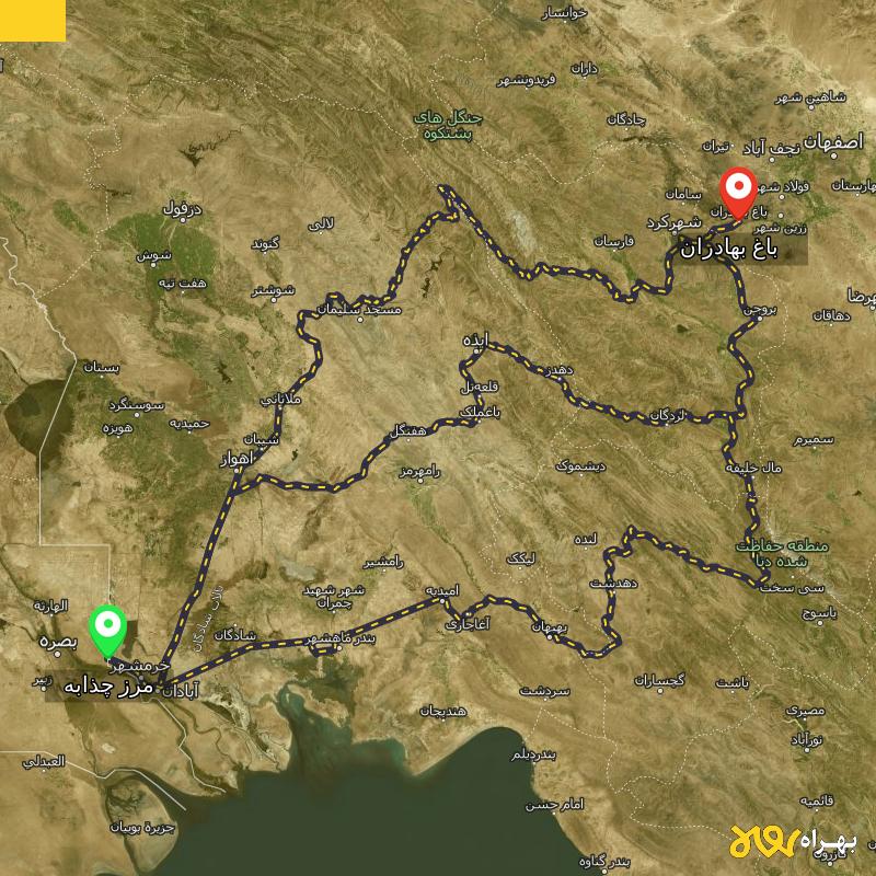 مسافت و فاصله باغ بهادران - اصفهان تا مرز چذابه - استان خوزستان از ۳ مسیر - دی ۱۴۰۳