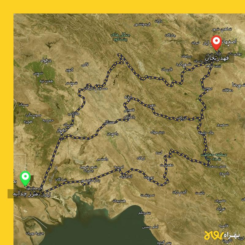 مسافت و فاصله قهدریجان - اصفهان تا مرز چذابه - استان خوزستان از ۳ مسیر - اردیبهشت ۱۴۰۳