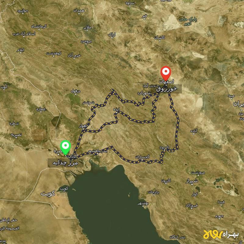 مسافت و فاصله خورزوق - اصفهان تا مرز چذابه - استان خوزستان از ۳ مسیر - اردیبهشت ۱۴۰۳