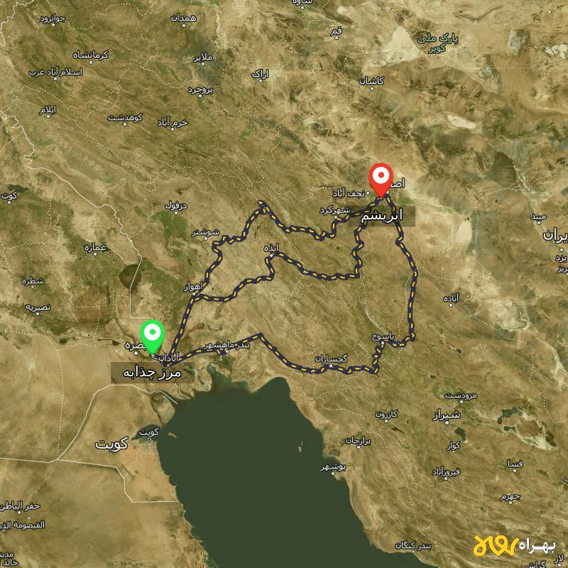 مسافت و فاصله ابریشم - اصفهان تا مرز چذابه - استان خوزستان از ۳ مسیر - اردیبهشت ۱۴۰۳