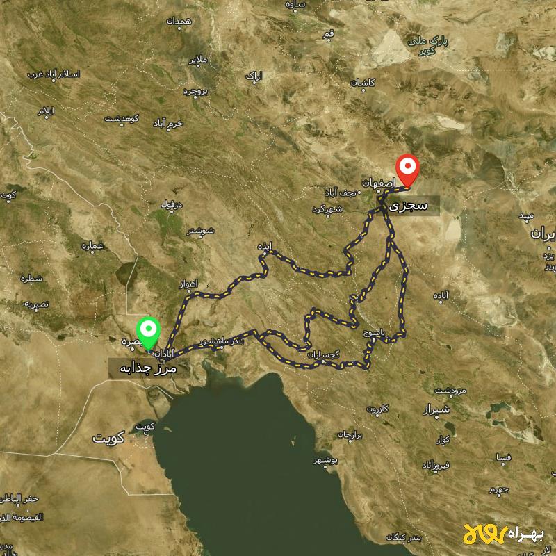 مسافت و فاصله سجزی - اصفهان تا مرز چذابه - استان خوزستان از ۳ مسیر - اردیبهشت ۱۴۰۳