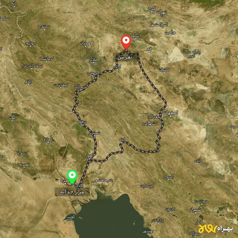 مسافت و فاصله تفرش - مرکزی تا مرز چذابه - استان خوزستان از ۲ مسیر - اردیبهشت ۱۴۰۳