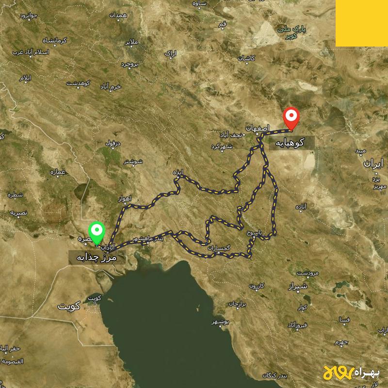 مسافت و فاصله کوهپایه - اصفهان تا مرز چذابه - استان خوزستان از ۳ مسیر - اردیبهشت ۱۴۰۳