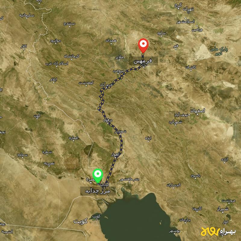 مسافت و فاصله فرمهین - مرکزی تا مرز چذابه - استان خوزستان - آذر ۱۴۰۳
