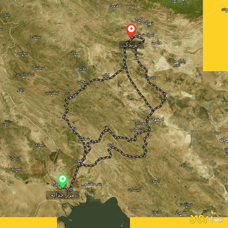 مسافت و فاصله پرندک - مرکزی تا مرز چذابه - استان خوزستان از ۳ مسیر - اردیبهشت ۱۴۰۳