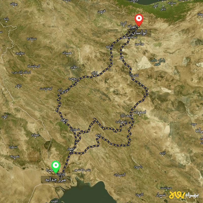 مسافت و فاصله لواسان - تهران تا مرز چذابه - استان خوزستان از ۳ مسیر - مهر ۱۴۰۳